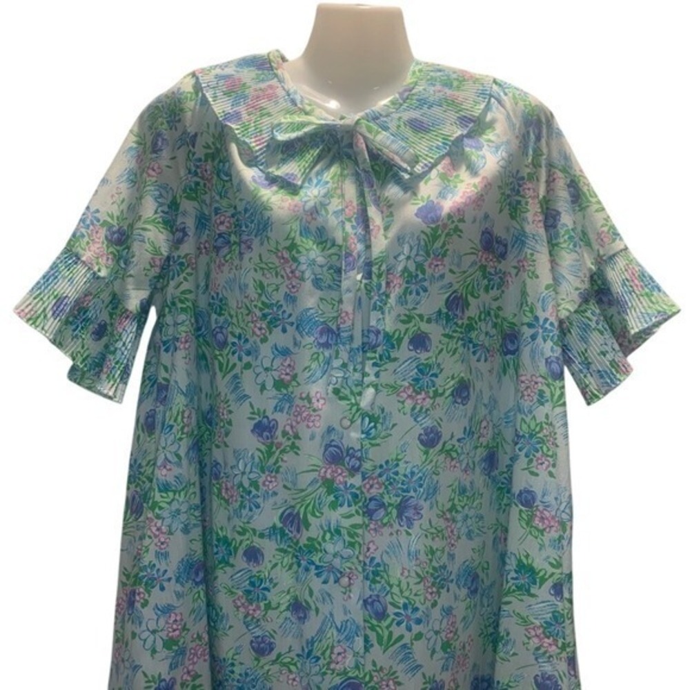 Vintage Floral Nightgown Blue Pink Pleated Peter Pan Collar Short Sleeve L